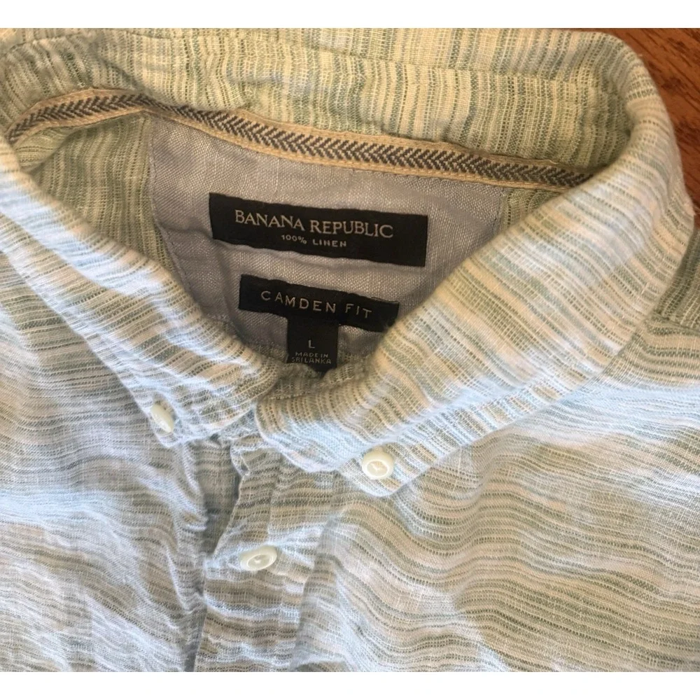 Banana Republic 100% Linen Shirt Mens Large Green Blue Camden Fit Button Up